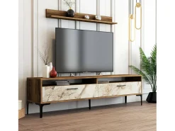 Parede equipada Dkatseri, Composição soggioRno, Armário de sala multiuso, Armário de TV, 180x35h47 cm, Nogueira e Mármore Branco