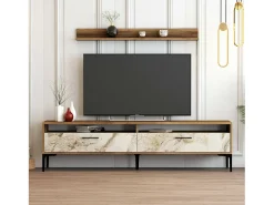 Parede equipada Dkatseri, Composição soggioRno, Armário de sala multiuso, Armário de TV, 180x35h47 cm, Nogueira e Mármore Branco