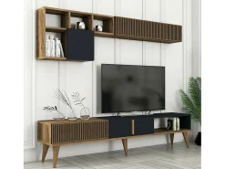 Parede equipada Dmalavas, Composição da sala de estar, Armário de sala multiusos, Armário de TV, 180x35h40 cm, Nogueira e Antracite