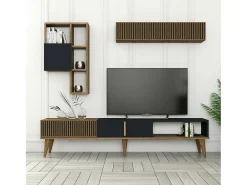 Parede equipada Dmalavas, Composição da sala de estar, Armário de sala multiusos, Armário de TV, 180x35h40 cm, Nogueira e Antracite