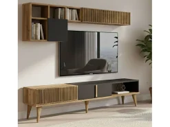 Parede equipada Dmalavas, Composição da sala de estar, Armário de sala multiusos, Armário de TV, 180x35h40 cm, Nogueira e Antracite