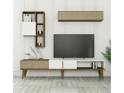 Parede equipada Dmalavas, Composição da sala de estar, Armário de sala multiuso, Armário de TV, 180x35h40 cm, Noz e Branco