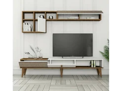 Parede equipada Dmalavas, Composição da sala de estar, Armário de sala multiuso, Armário de TV, 180x35h40 cm, Noz e Branco