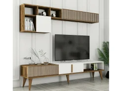 Parede equipada Dmalavas, Composição da sala de estar, Armário de sala multiuso, Armário de TV, 180x35h40 cm, Noz e Branco