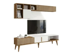 Parede equipada Dmalavas, Composição da sala de estar, Armário de sala multiuso, Armário de TV, 180x35h40 cm, Noz e Branco