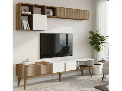 Parede equipada Dmalavas, Composição da sala de estar, Armário de sala multiuso, Armário de TV, 180x35h40 cm, Noz e Branco