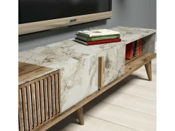 Parede equipada Dmalavas, Composição da sala de estar, Armário de estar multiusos, Armário de porta de TV, 180x35h40 cm, Nogueira e Mármore Branco