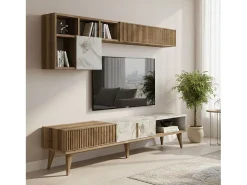 Parede equipada Dmalavas, Composição da sala de estar, Armário de estar multiusos, Armário de porta de TV, 180x35h40 cm, Nogueira e Mármore Branco