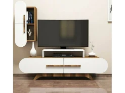 Parede equipada Dpiccol, Composição da sala de estar, Armário de sala de estar multiusos, Armário de porta de TV, 145x37h50 cm, Nogueira e Branco