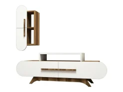 Parede equipada Dpiccol, Composição da sala de estar, Armário de sala de estar multiusos, Armário de porta de TV, 145x37h50 cm, Nogueira e Branco