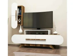 Parede equipada Dpiccol, Composição da sala de estar, Armário de sala de estar multiusos, Armário de porta de TV, 145x37h50 cm, Nogueira e Branco