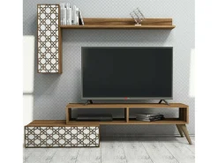 Parede equipada Dpinard, Composição da sala, Armário de estar multiusos, Armário de TV, 150x37h38 cm, Nogueira e Branco