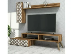 Parede equipada Dpinard, Composição da sala, Armário de estar multiusos, Armário de TV, 150x37h38 cm, Nogueira e Branco