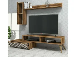 Parede equipada Dpinard, Composição da sala, Armário de estar multiusos, Armário de TV, 150x37h38 cm, Nogueira e Branco