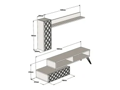 Parede equipada Dpinard, Composição da sala, Armário de estar multiusos, Armário de TV, 150x37h38 cm, Nogueira e Branco