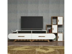 Parede equipada Dporchi, Composição da sala de estar, Armário de sala multiusos, Armário de TV, 205x37h50 cm, Nogueira e Branco
