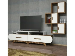 Parede equipada Dporchi, Composição da sala de estar, Armário de sala multiusos, Armário de TV, 205x37h50 cm, Nogueira e Branco
