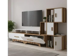 Parede equipada Dporchi, Composição da sala de estar, Armário de sala multiusos, Armário de TV, 205x37h50 cm, Nogueira e Branco