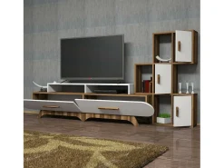 Parede equipada Dporchi, Composição da sala de estar, Armário de sala multiusos, Armário de TV, 205x37h50 cm, Nogueira e Branco