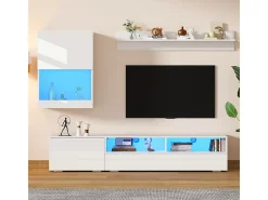 Parede TV 3 Portas e 3 Nichos - com Armazenamento e Iluminação LED - Painel de Partículas - Brilhante - Branco