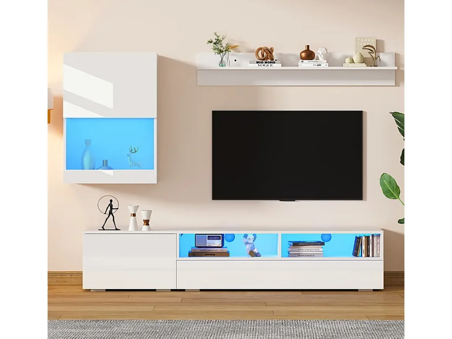 Parede TV 3 Portas e 3 Nichos - com Armazenamento e Iluminação LED - Painel de Partículas - Brilhante - Branco