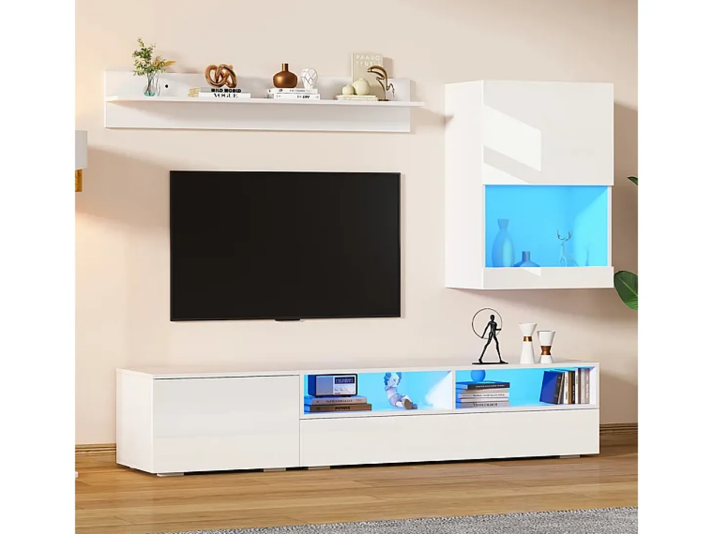 Parede TV 3 Portas e 3 Nichos - com Armazenamento e Iluminação LED - Painel de Partículas - Brilhante - Branco