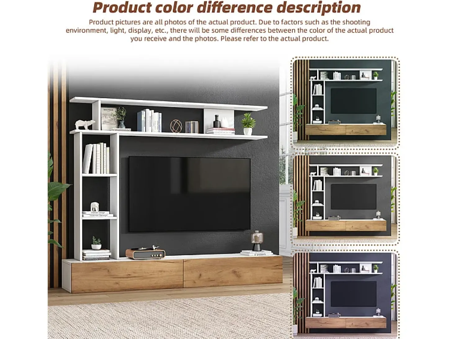 Parede TV com Armazenamento - 2 Portas - Instalação em Pé ou Pendurada - Adequado para TV abaixo de 80" - Carvalho e Branco