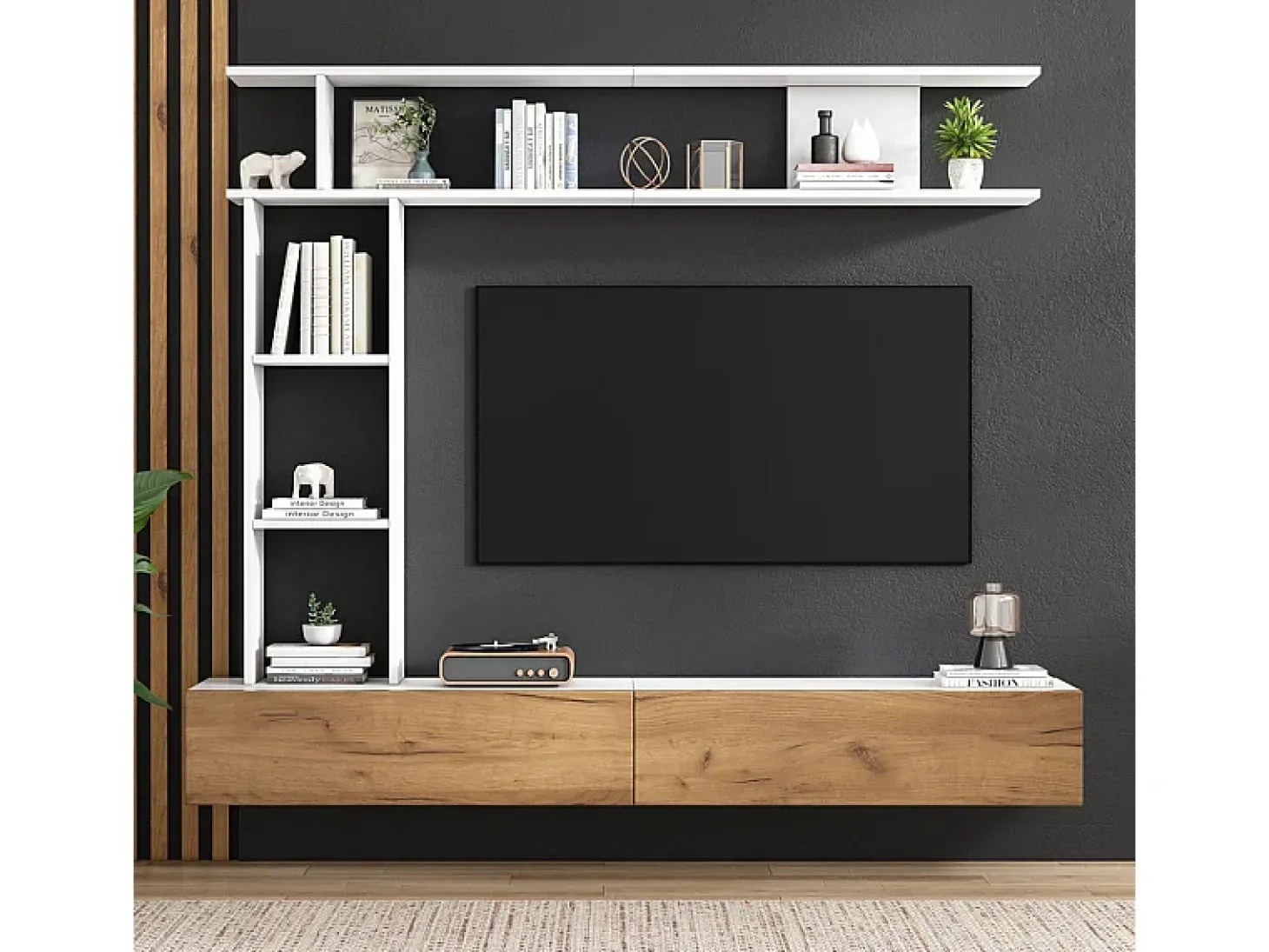 Parede TV com Armazenamento - 2 Portas - Instalação em Pé ou Pendurada - Adequado para TV abaixo de 80" - Carvalho e Branco