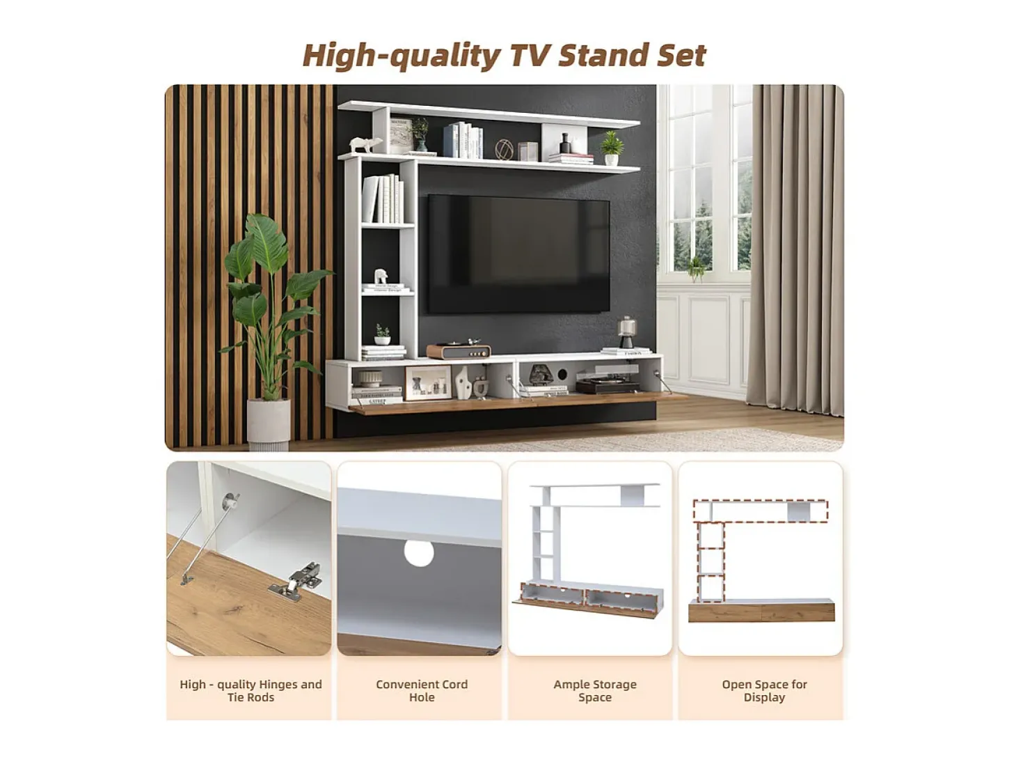 Parede TV com Armazenamento - 2 Portas - Instalação em Pé ou Pendurada - Adequado para TV abaixo de 80" - Carvalho e Branco