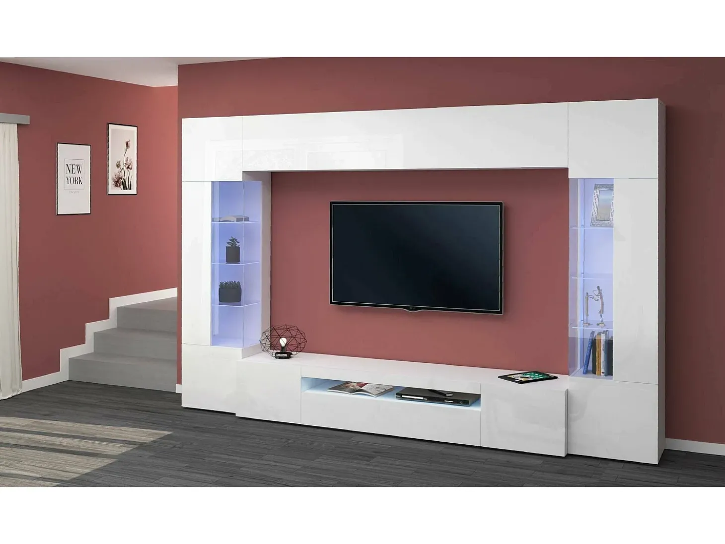 Parete attrezzata Clementino, Set salotto porta TV a 6 ante, Mobile soggiorno multiuso con luce LED, 100% Made in Italy, cm 290x40h191, Bianco lucido