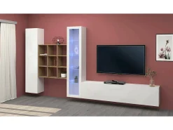 Parete attrezzata Davis, Set salotto porta TV a 3 ante, Mobile soggiorno multiuso con vetrina e luce LED, 100% Made in Italy, cm 310x30h180, Bianco lucido e Acero