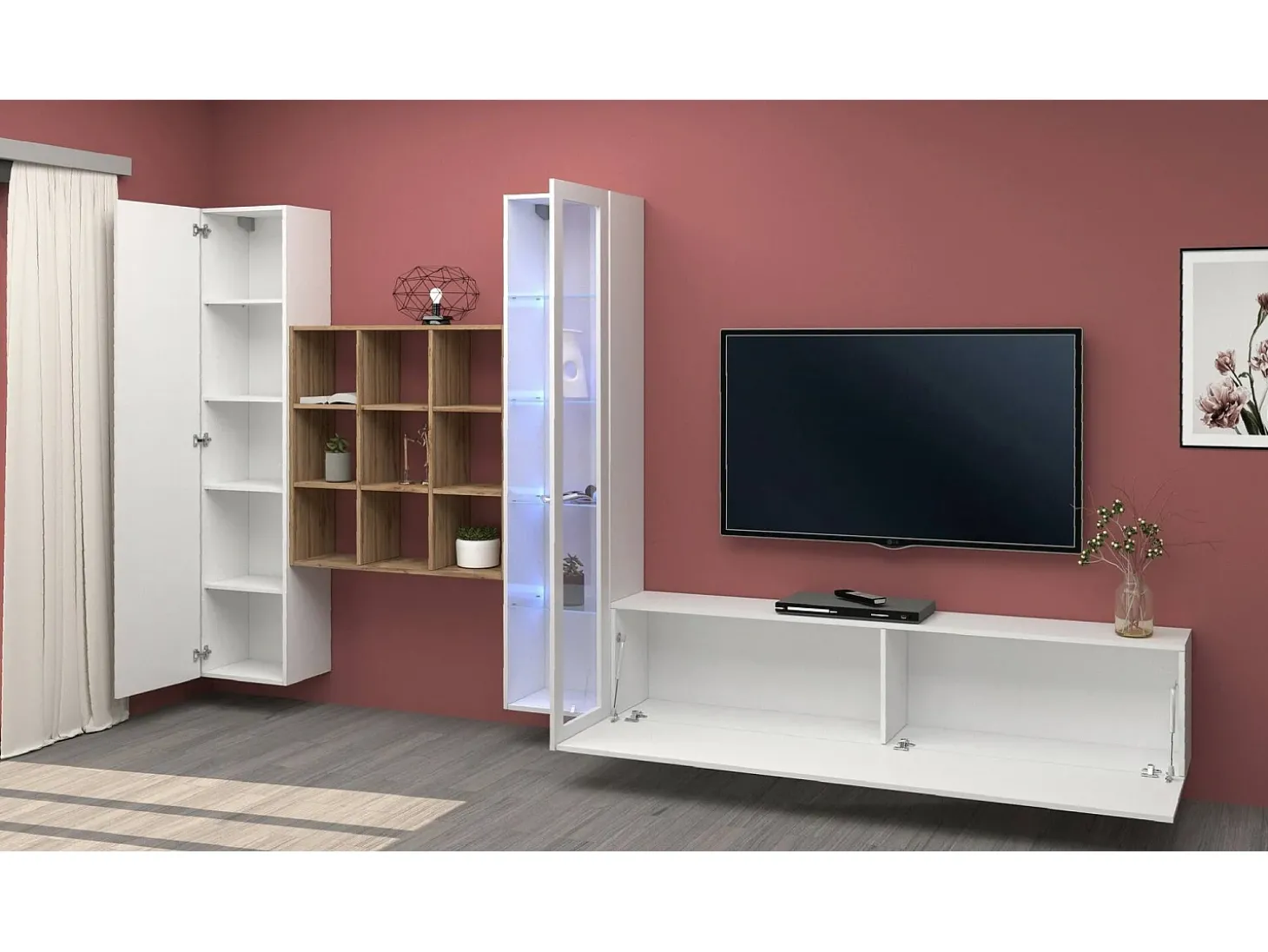 Parete attrezzata Davis, Set salotto porta TV a 3 ante, Mobile soggiorno multiuso con vetrina e luce LED, 100% Made in Italy, cm 310x30h180, Bianco lucido e Acero