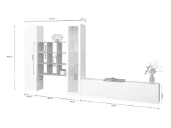 Parete attrezzata Davis, Set salotto porta TV a 3 ante, Mobile soggiorno multiuso con vetrina e luce LED, 100% Made in Italy, cm 310x30h180, Bianco lucido e Acero