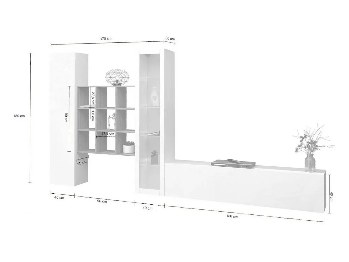 Parete attrezzata Davis, Set salotto porta TV a 3 ante, Mobile soggiorno multiuso con vetrina e luce LED, 100% Made in Italy, cm 310x30h180, Bianco lucido e Acero