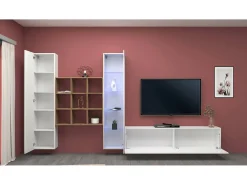 Parete attrezzata Davis, Set salotto porta TV a 3 ante, Mobile soggiorno multiuso con vetrina e luce LED, 100% Made in Italy, cm 310x30h180, Bianco lucido e Acero