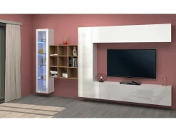 Parete attrezzata Emilio, Set salotto porta TV a 4 ante, Mobile soggiorno multiuso con vetrina e luce LED, 100% Made in Italy, cm 310x30h180, Bianco lucido e Acero