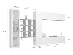 Parete attrezzata Emilio, Set salotto porta TV a 4 ante, Mobile soggiorno multiuso con vetrina e luce LED, 100% Made in Italy, cm 310x30h180, Bianco lucido e Acero