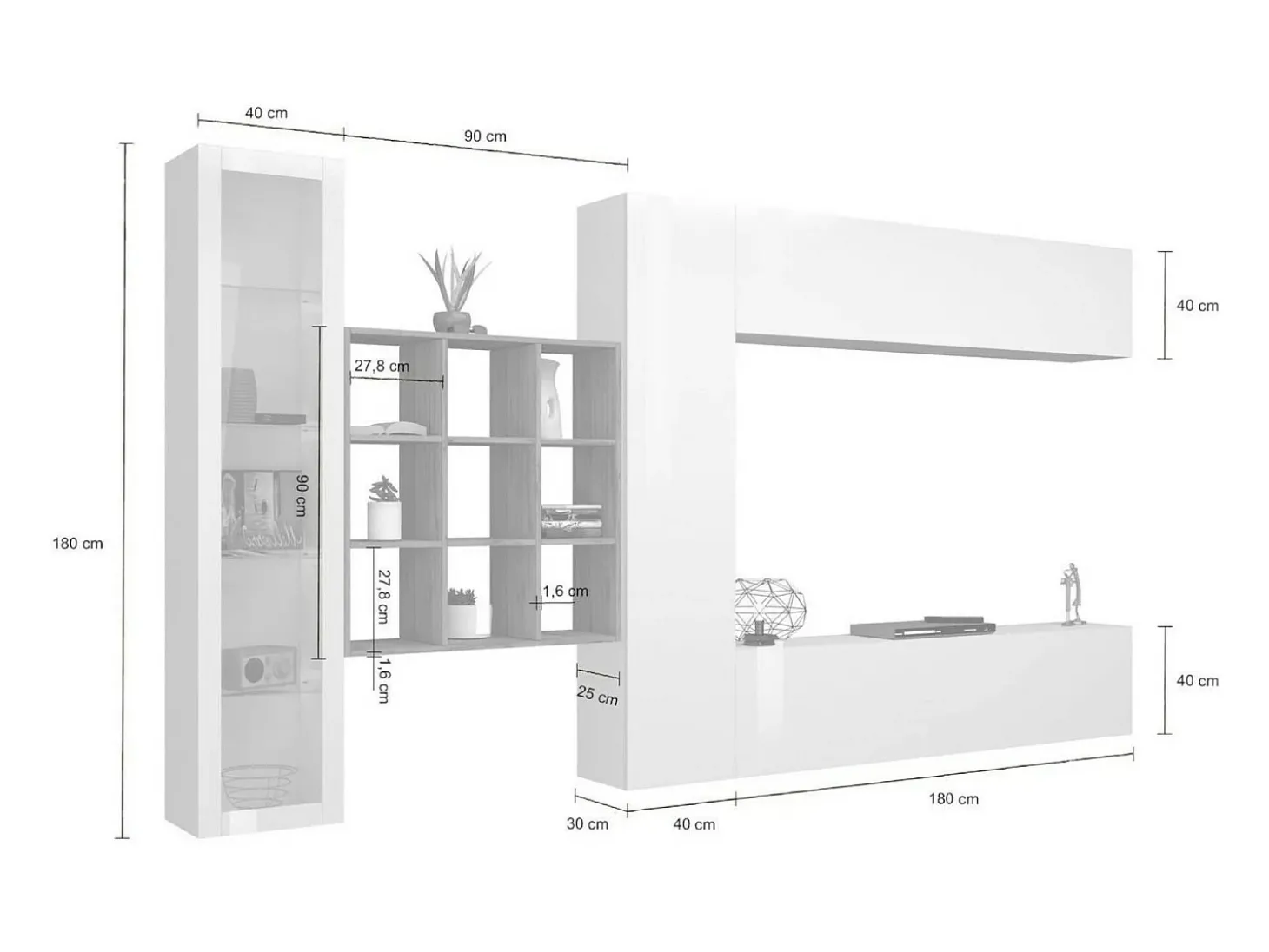 Parete attrezzata Emilio, Set salotto porta TV a 4 ante, Mobile soggiorno multiuso con vetrina e luce LED, 100% Made in Italy, cm 310x30h180, Bianco lucido e Acero