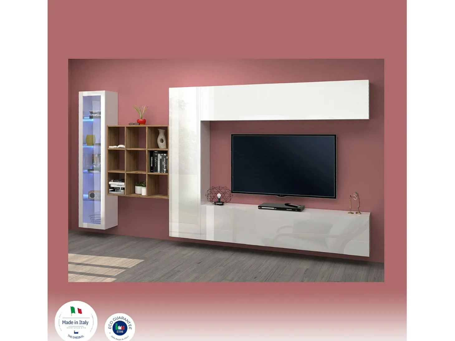 Parete attrezzata Emilio, Set salotto porta TV a 4 ante, Mobile soggiorno multiuso con vetrina e luce LED, 100% Made in Italy, cm 310x30h180, Bianco lucido e Acero