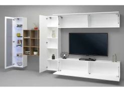 Parete attrezzata Emilio, Set salotto porta TV a 4 ante, Mobile soggiorno multiuso con vetrina e luce LED, 100% Made in Italy, cm 310x30h180, Bianco lucido e Acero