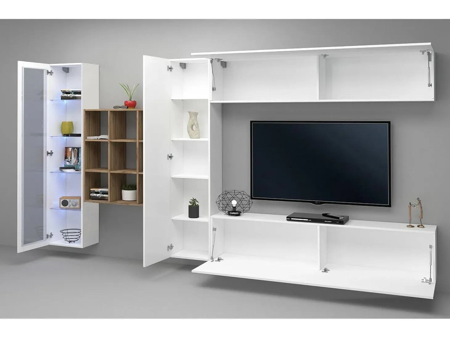 Parete attrezzata Emilio, Set salotto porta TV a 4 ante, Mobile soggiorno multiuso con vetrina e luce LED, 100% Made in Italy, cm 310x30h180, Bianco lucido e Acero