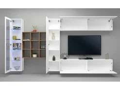 Parete attrezzata Emilio, Set salotto porta TV a 4 ante, Mobile soggiorno multiuso con vetrina e luce LED, 100% Made in Italy, cm 310x30h180, Bianco lucido e Acero