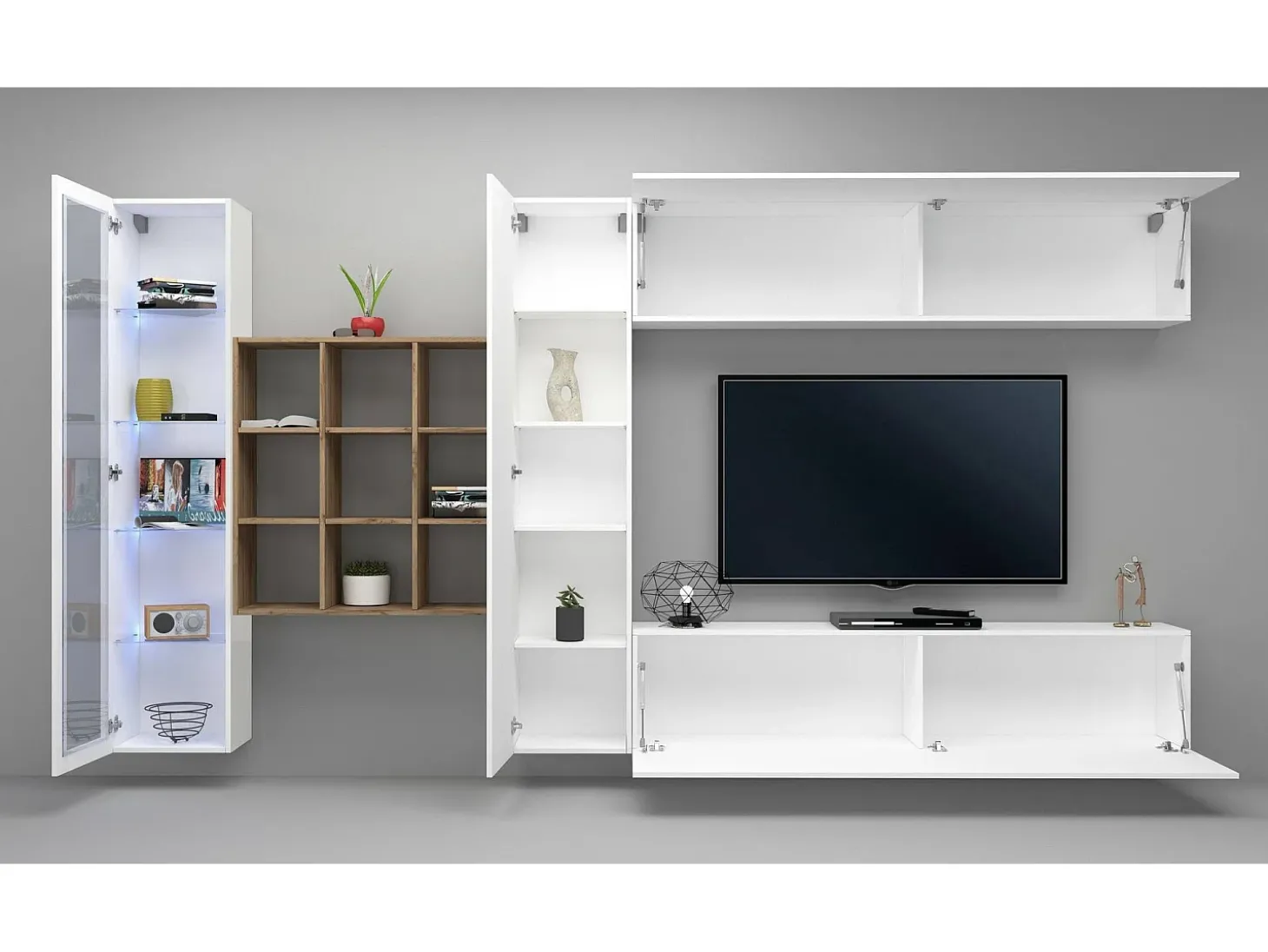 Parete attrezzata Emilio, Set salotto porta TV a 4 ante, Mobile soggiorno multiuso con vetrina e luce LED, 100% Made in Italy, cm 310x30h180, Bianco lucido e Acero
