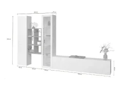 Parete attrezzata Eugenio, Set salotto porta TV a 3 ante, Mobile soggiorno multiuso con vetrina e luce LED, 100% Made in Italy, cm 320x30h180, Bianco lucido