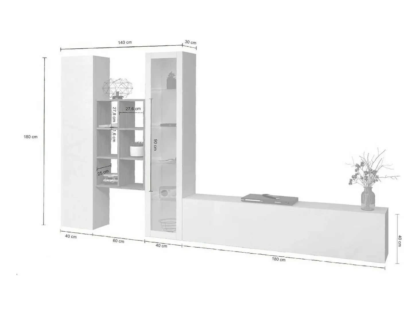 Parete attrezzata Eugenio, Set salotto porta TV a 3 ante, Mobile soggiorno multiuso con vetrina e luce LED, 100% Made in Italy, cm 320x30h180, Bianco lucido