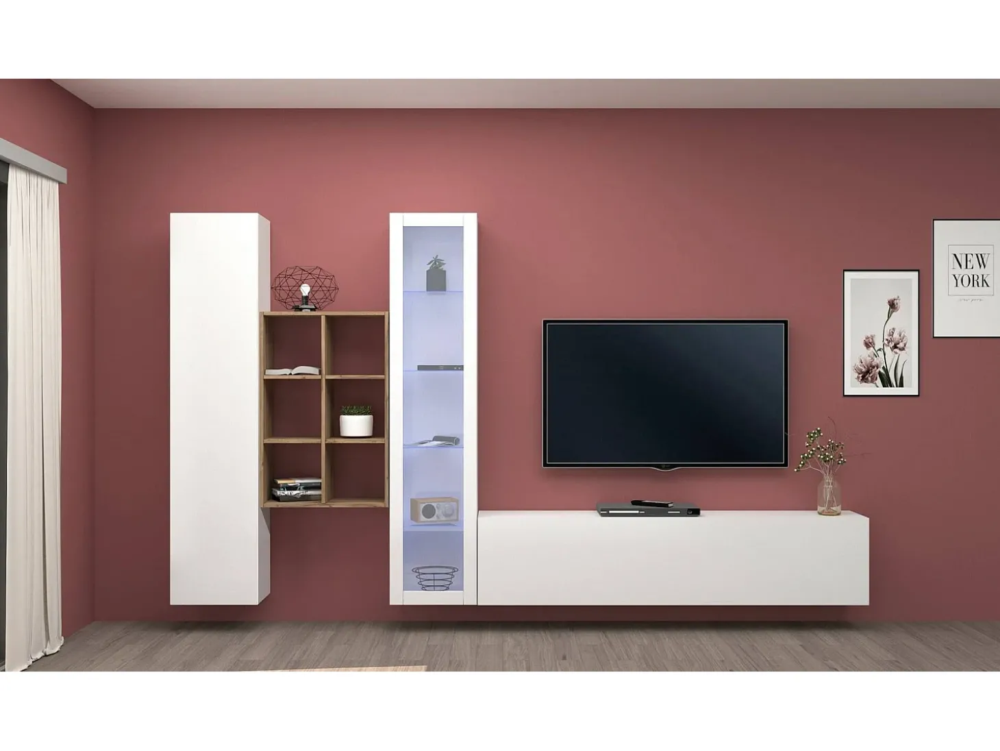 Parete attrezzata Eugenio, Set salotto porta TV a 3 ante, Mobile soggiorno multiuso con vetrina e luce LED, 100% Made in Italy, cm 320x30h180, Bianco lucido