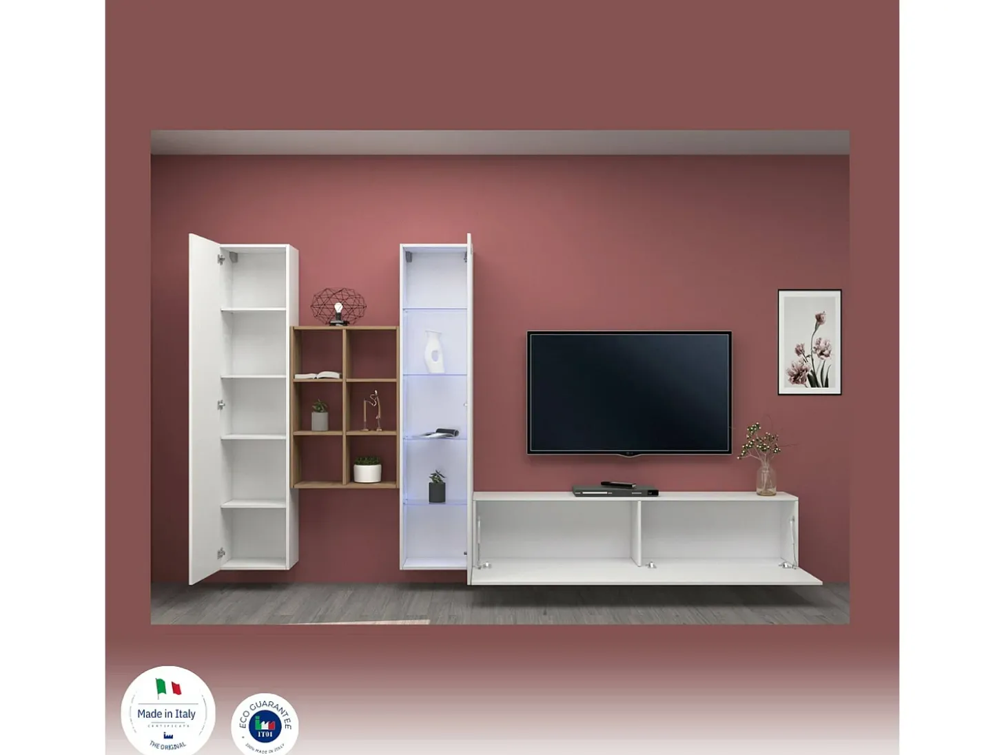Parete attrezzata Eugenio, Set salotto porta TV a 3 ante, Mobile soggiorno multiuso con vetrina e luce LED, 100% Made in Italy, cm 320x30h180, Bianco lucido