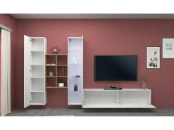 Parete attrezzata Eugenio, Set salotto porta TV a 3 ante, Mobile soggiorno multiuso con vetrina e luce LED, 100% Made in Italy, cm 320x30h180, Bianco lucido