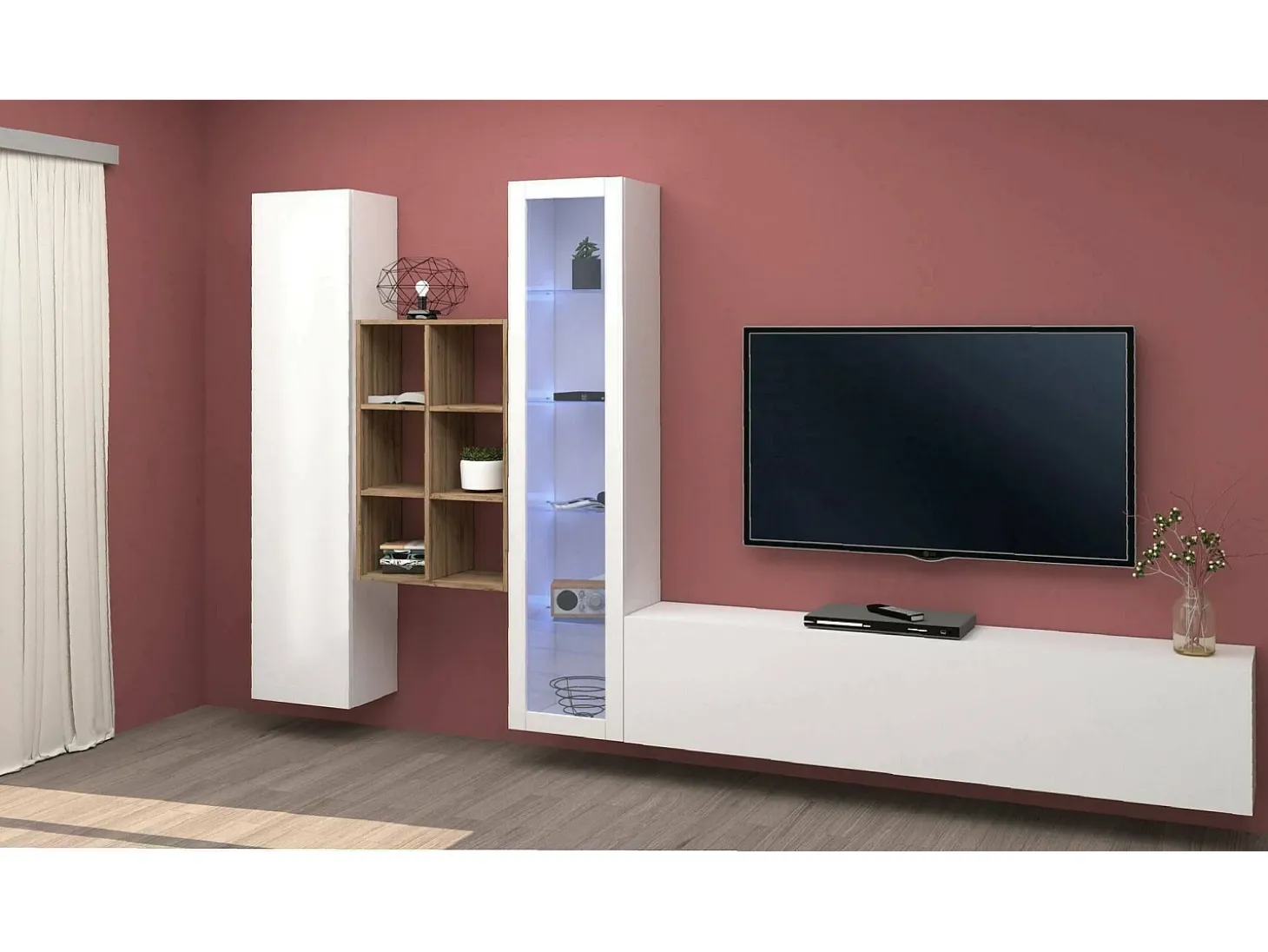 Parete attrezzata Eugenio, Set salotto porta TV a 3 ante, Mobile soggiorno multiuso con vetrina e luce LED, 100% Made in Italy, cm 320x30h180, Bianco lucido
