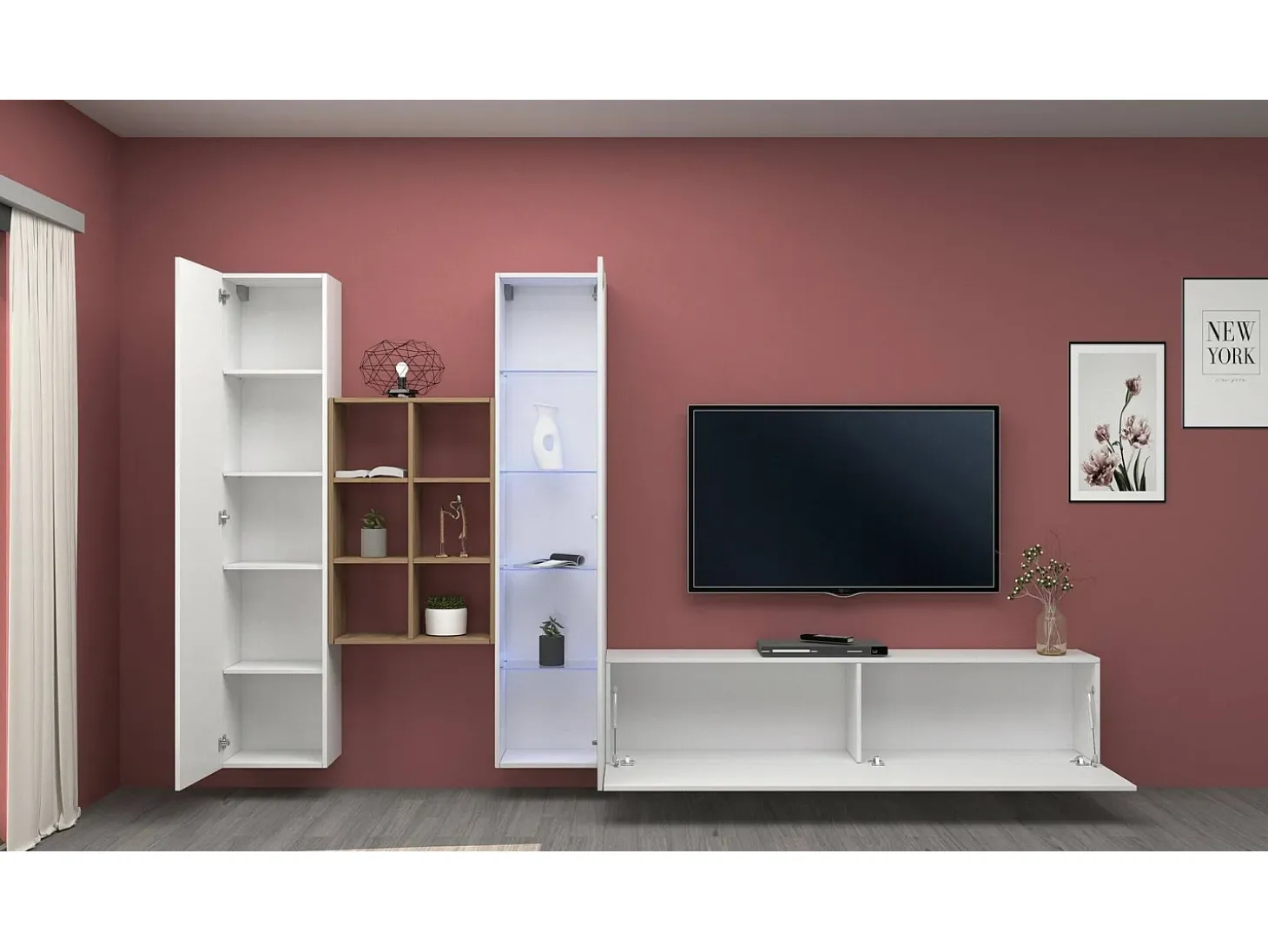 Parete attrezzata Eugenio, Set salotto porta TV a 3 ante, Mobile soggiorno multiuso con vetrina e luce LED, 100% Made in Italy, cm 320x30h180, Bianco lucido